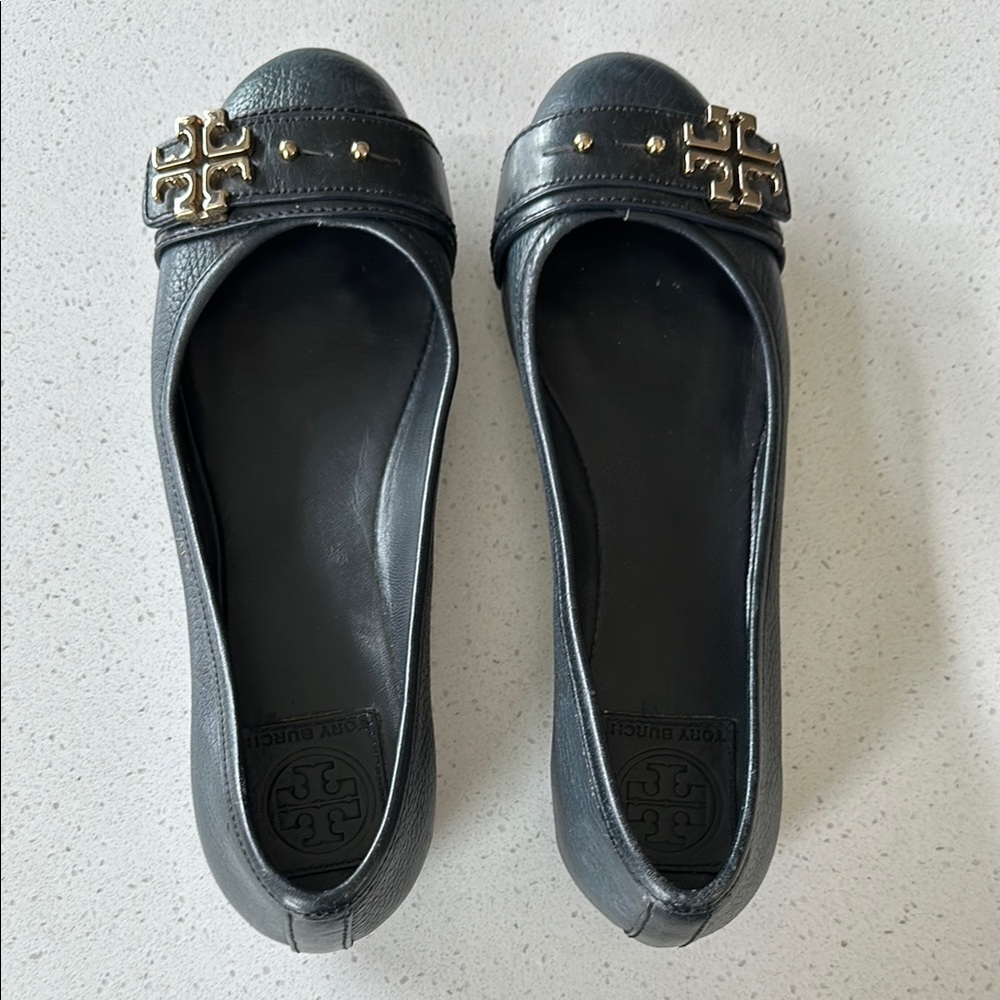Tory Burch Black Flats with Rounded Toe and Metallic Embellishment